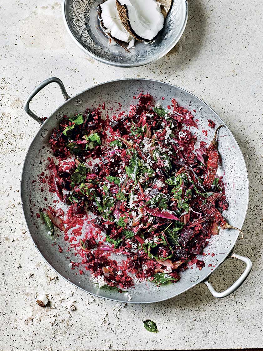 Beetroot and ruby chard thoran