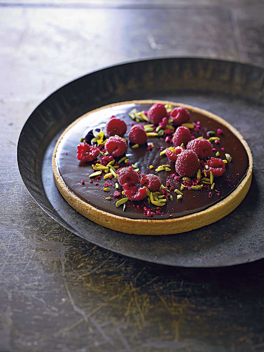 Chocolate ganache tart with fresh raspberries