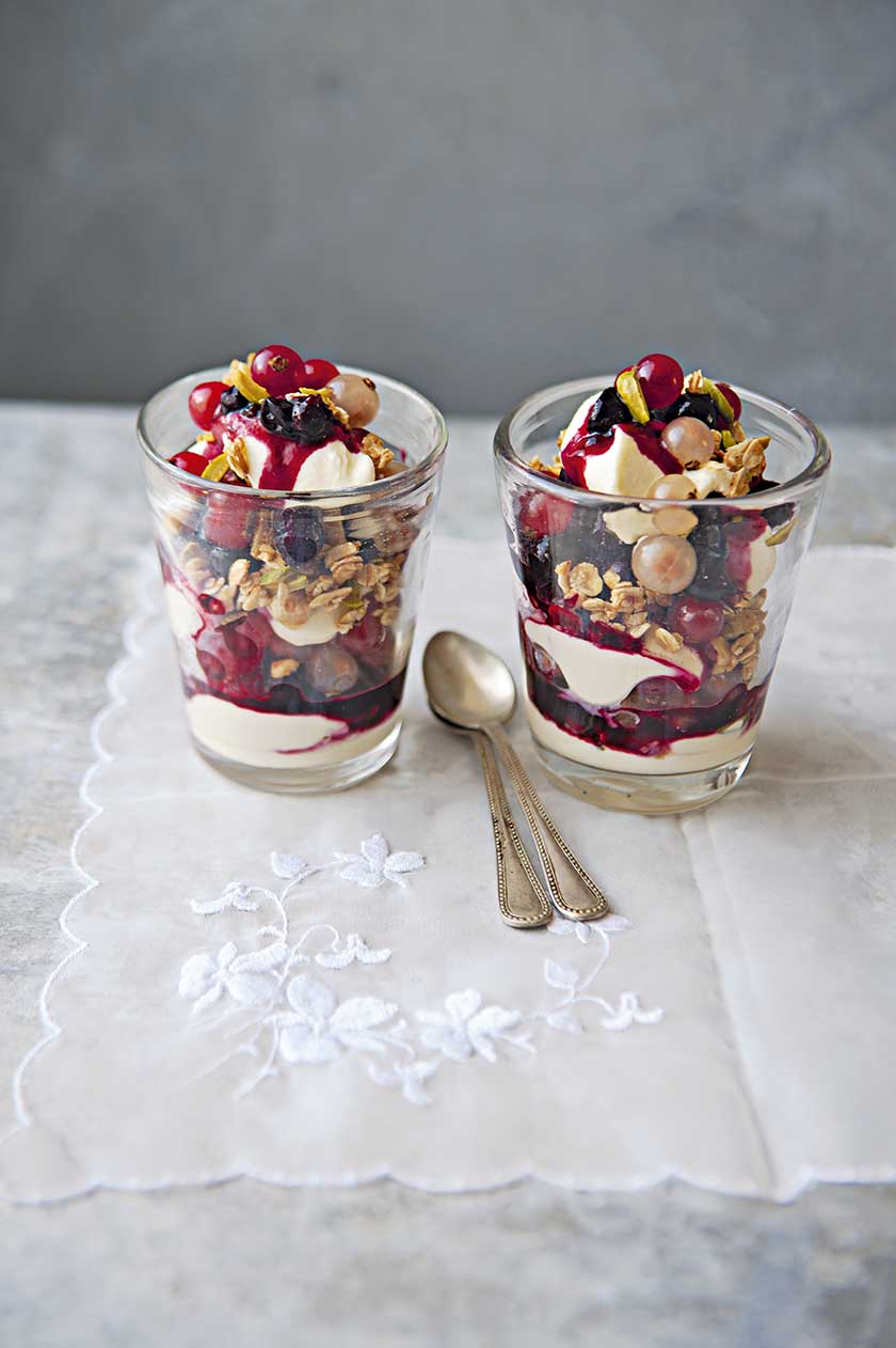 Summer cranachan with red, white and blackcurrants