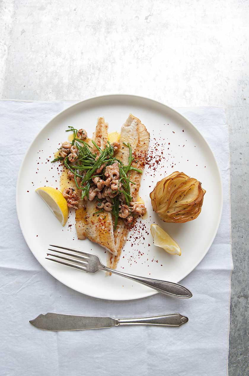 Dover sole with brown shrimp, samphire and roasted wafer potatoes