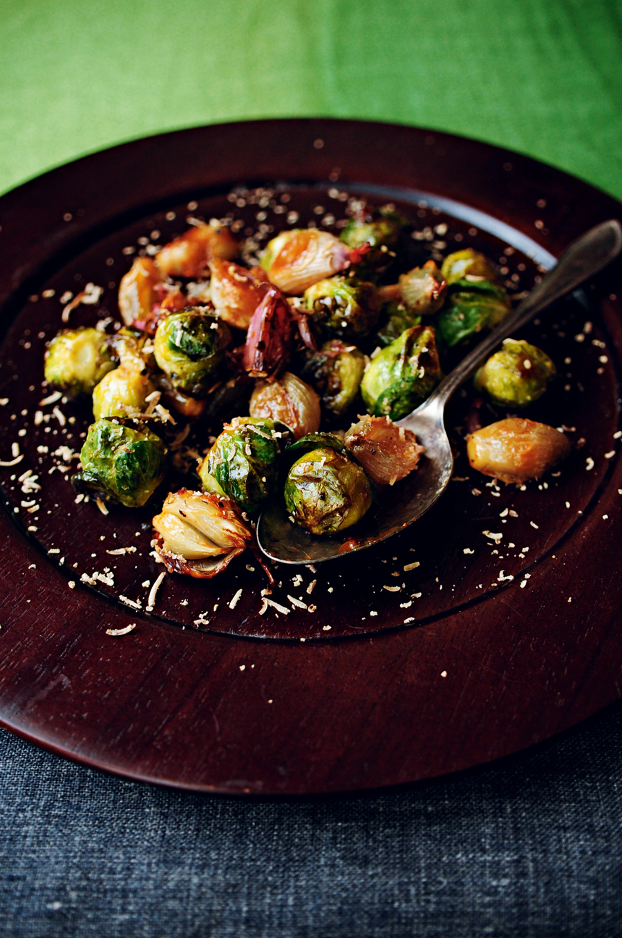 Honey-roasted Brussels sprouts and shallots with shaved chestnuts