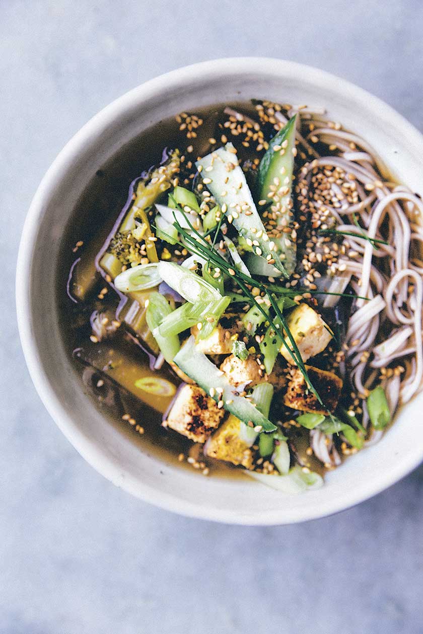 Miso soup with ginger, tofu, soba noodles and shiitake mushrooms