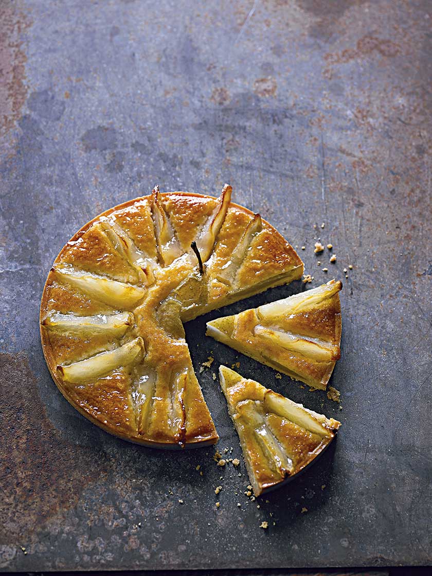 Pear and almond cream tart with pear liqueur