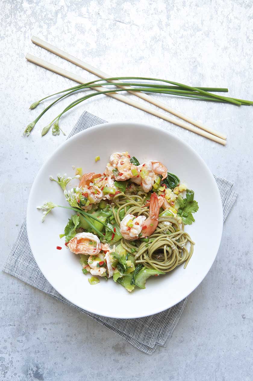 Curly prawns with spring onions, ginger, chilli and green tea noodles