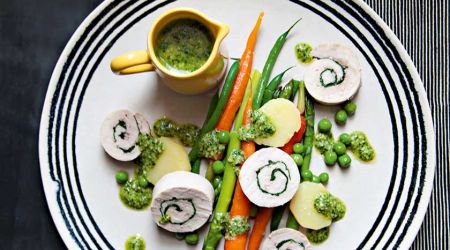 Guinea fowl breasts with spring vegetables and pesto