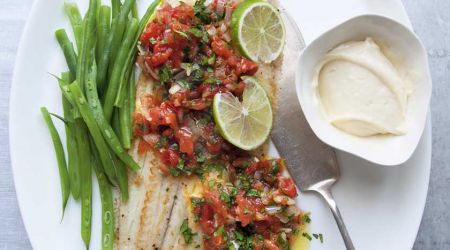 Pan-fried Dover sole with cooked salsa Mexicana and lime mayonnaise