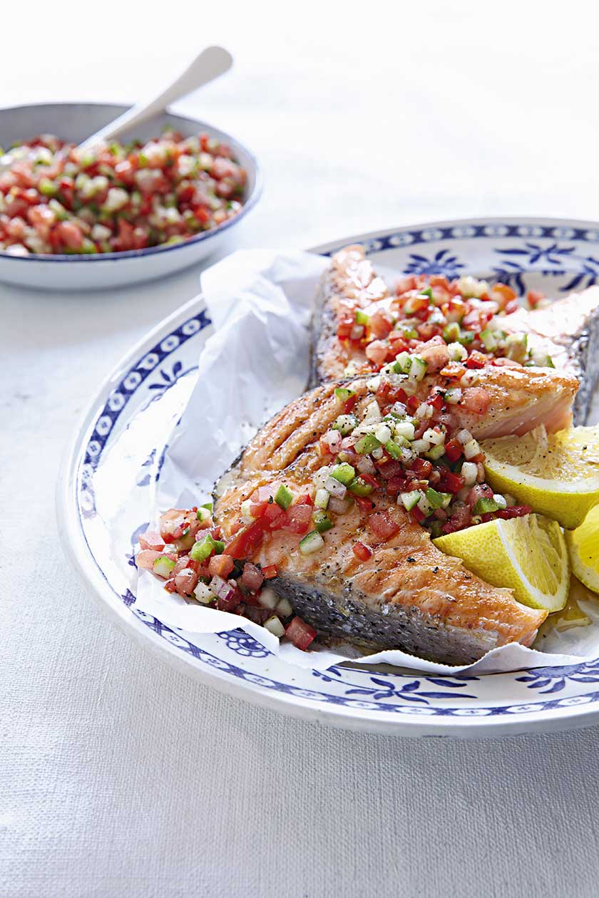 Seared salmon with ‘gazpacho’ salad