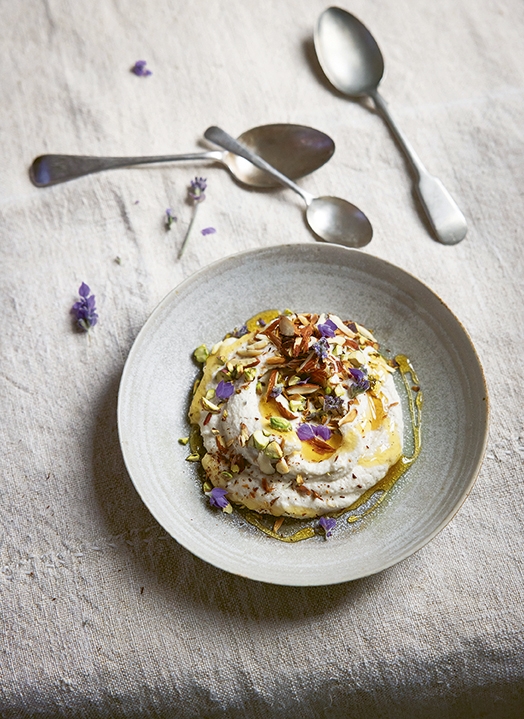 Almond ricotta with toasted almonds lavender coconut syrup