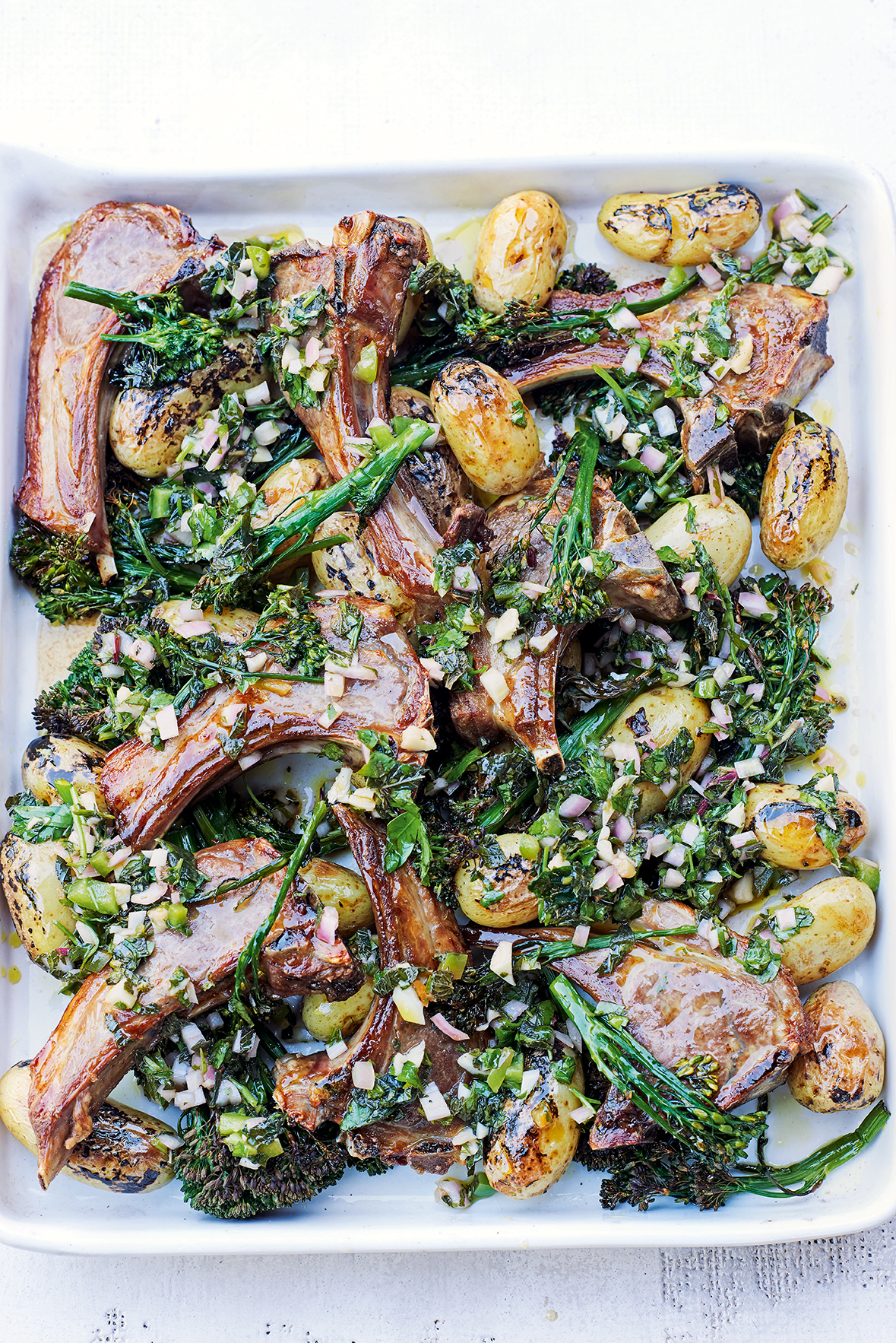 BBQ lamb chops Chimichurri sauce broccolini pots