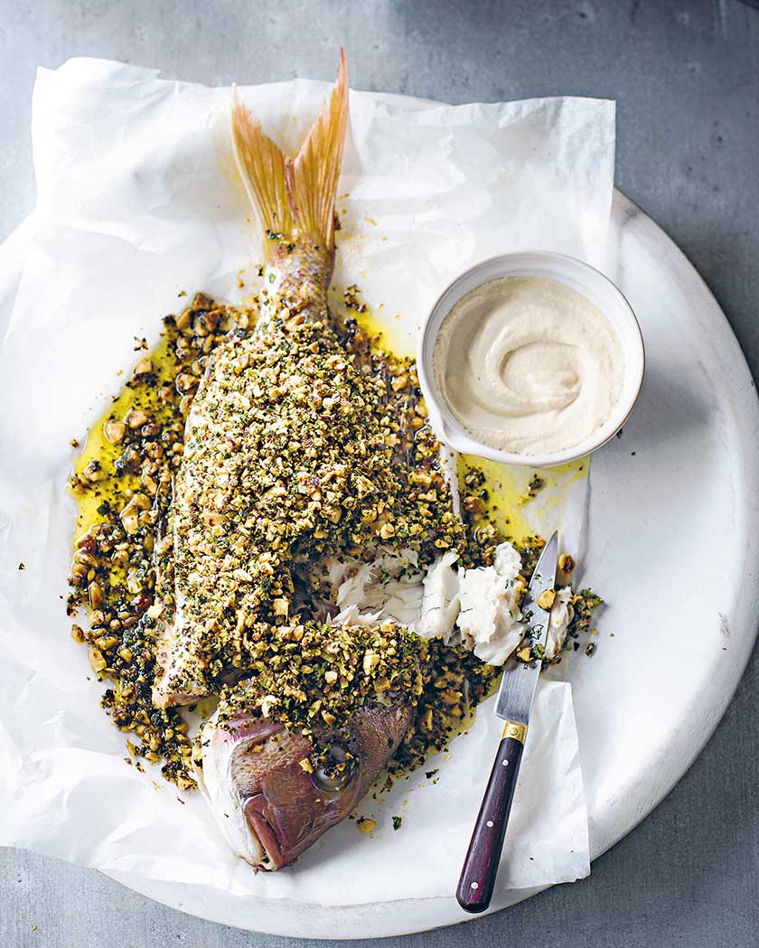 Baked Whole Snapper With Tahini  Walnuts And Chilli    Mains 2