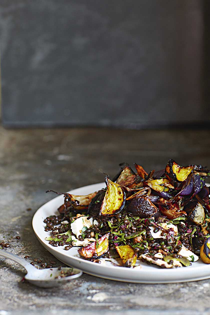 Roast beetroot, lentil and goat’s curd salad with walnuts