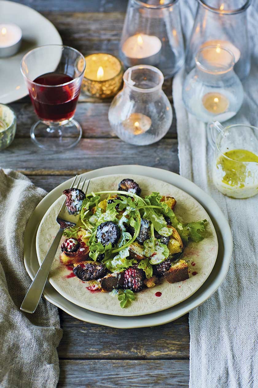 Black pudding and blackberry salad