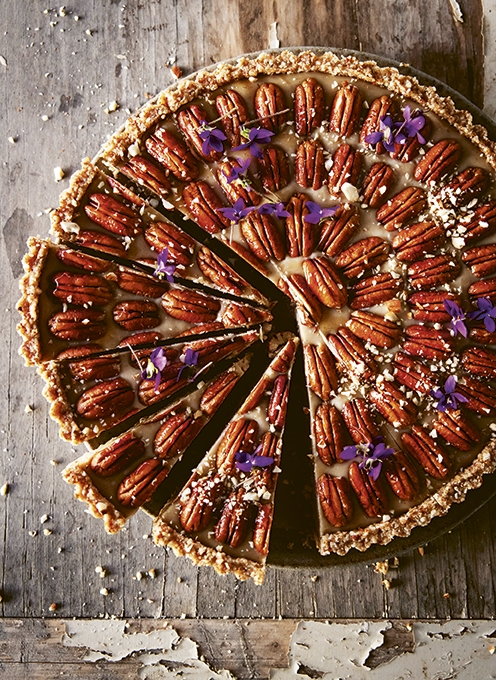 Caramel crème pecan tart with cinnamon maple crust