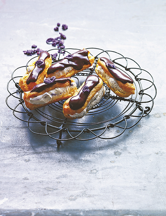 Chocolate and violet eclairs