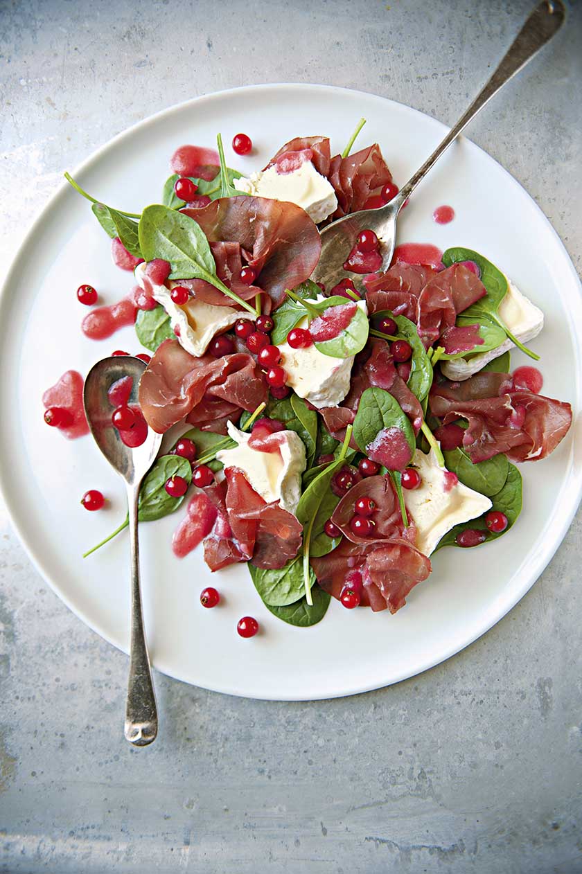 Chaource, baby spinach, redcurrant and bresaola salad with redcurrant vinaigrette