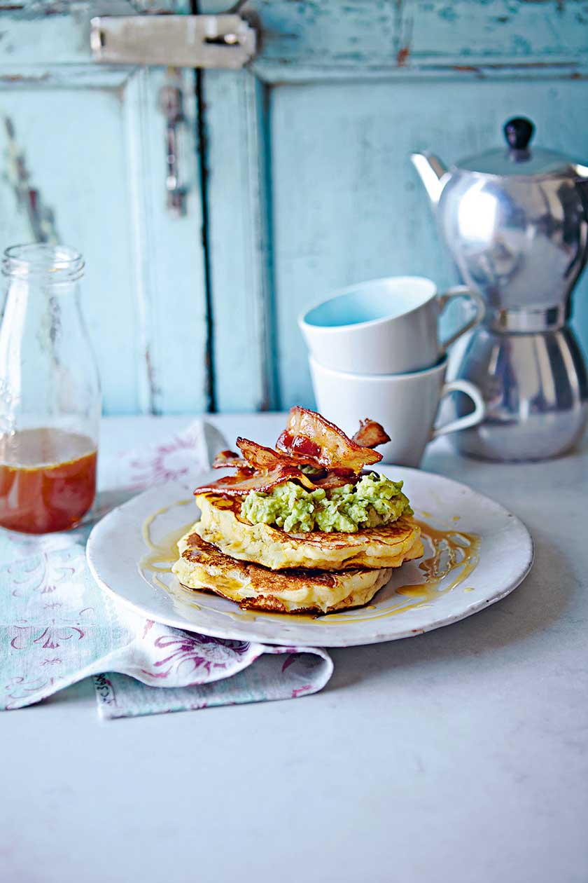 Fluffiest-ever American pancakes with bacon, maple-salted butter sauce and avocado