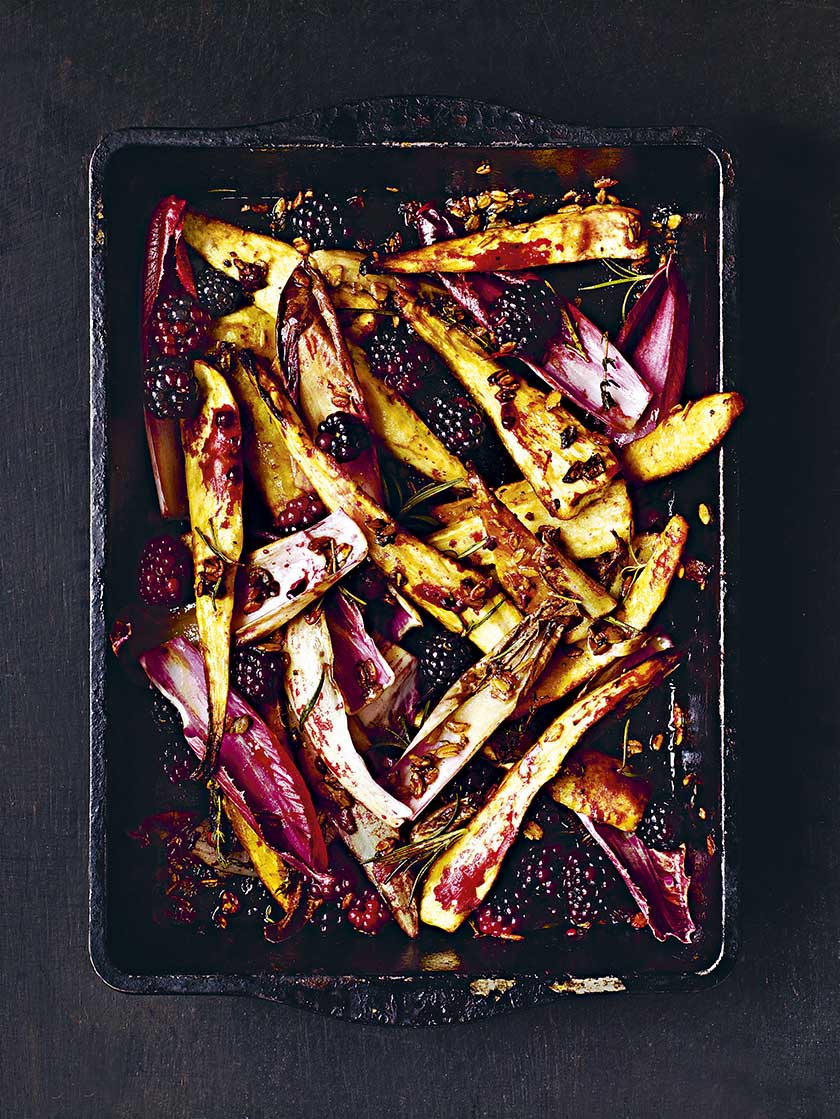 Roast parsnips with blackberries, honey chicory and rye flakes
