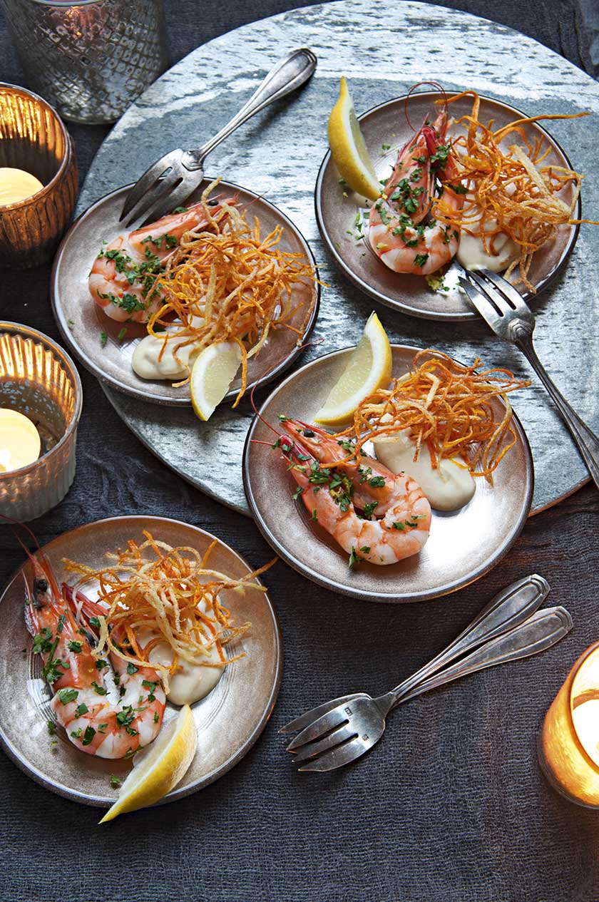 Gremolata king prawns with shoestring root fries and aïoli