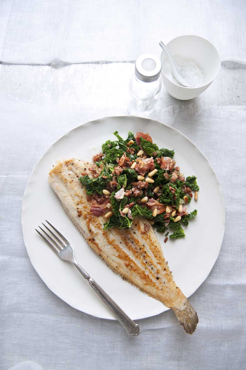 Grilled Dover sole with red rice, kale and crispy pancetta