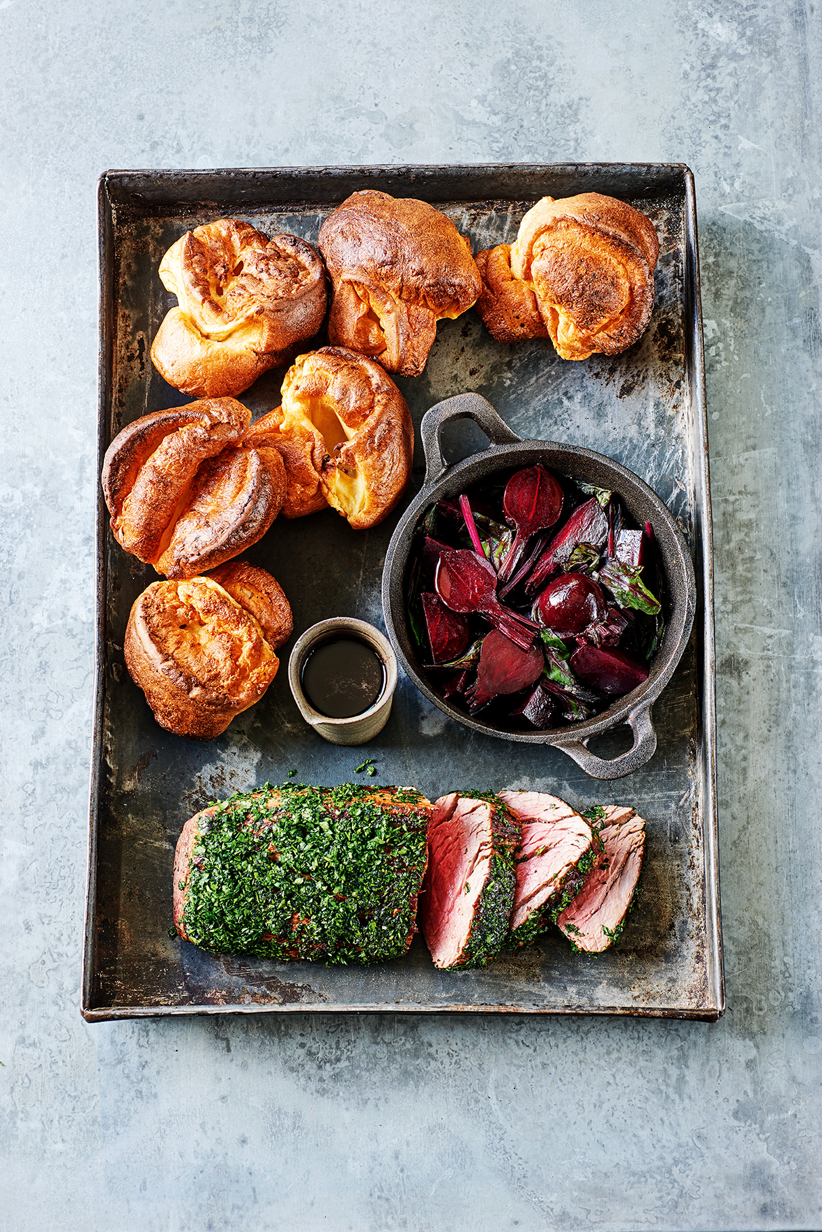 Herb Coated Beef With Beetroots  Yorkshire Puddings
