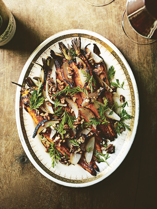 Honey glazed carrots with onion and caramelised walnuts