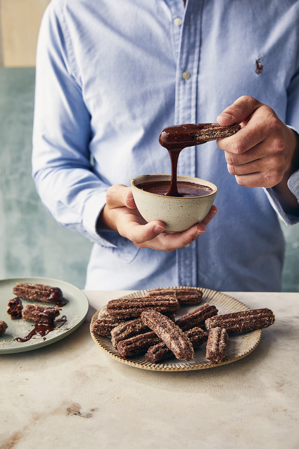 Hot chocolate churros with choc marshmallow dipping sauce p 100