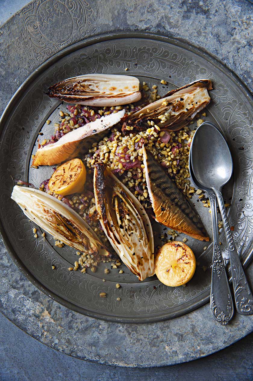 Grilled chicory with freekeh