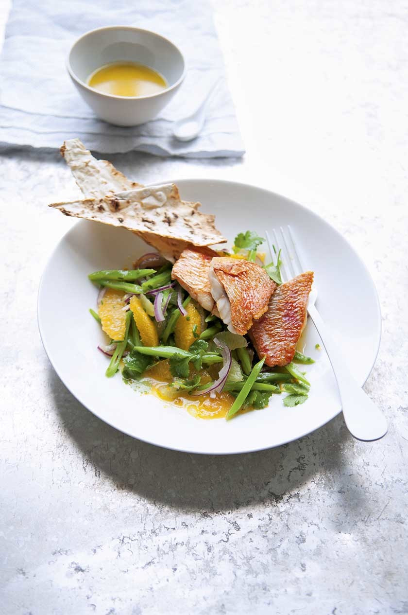 Pan-fried red mullet with green bean and citrus salad