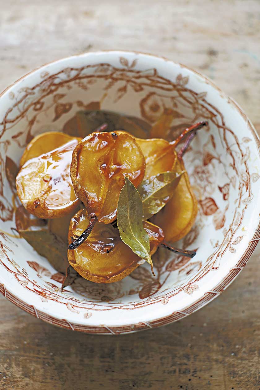 Pears baked with lemon, bay and marsala