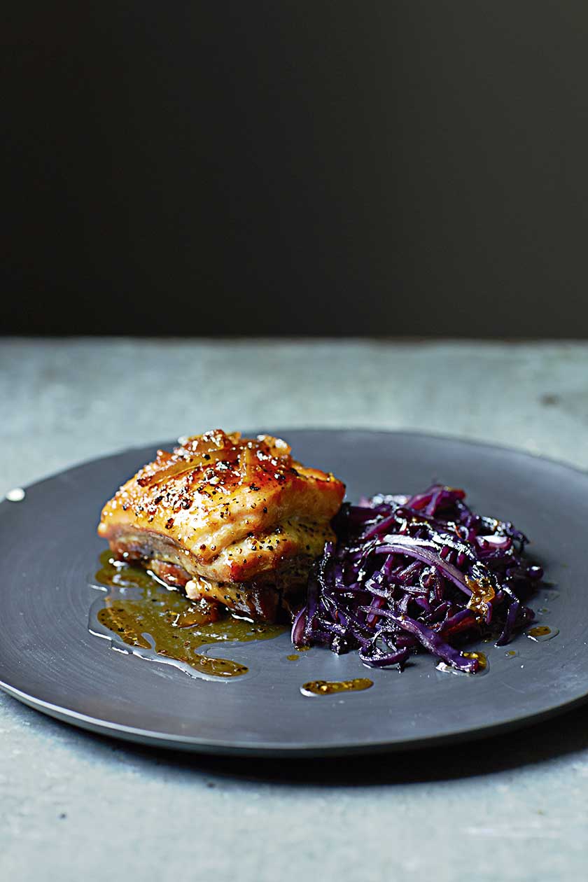 Grapefruit marmalade pork belly with caramelised red cabbage