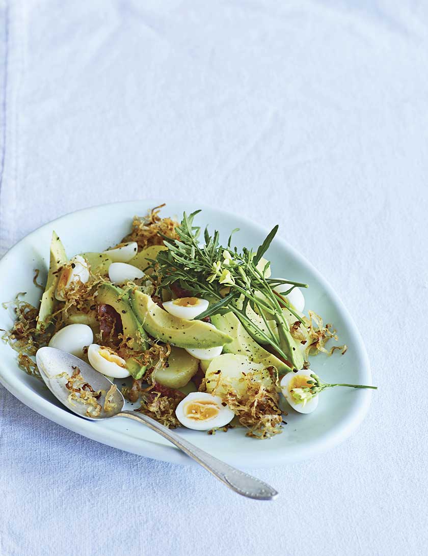 Potato, avocado, quail’s eggs and bacon with crispy shallots