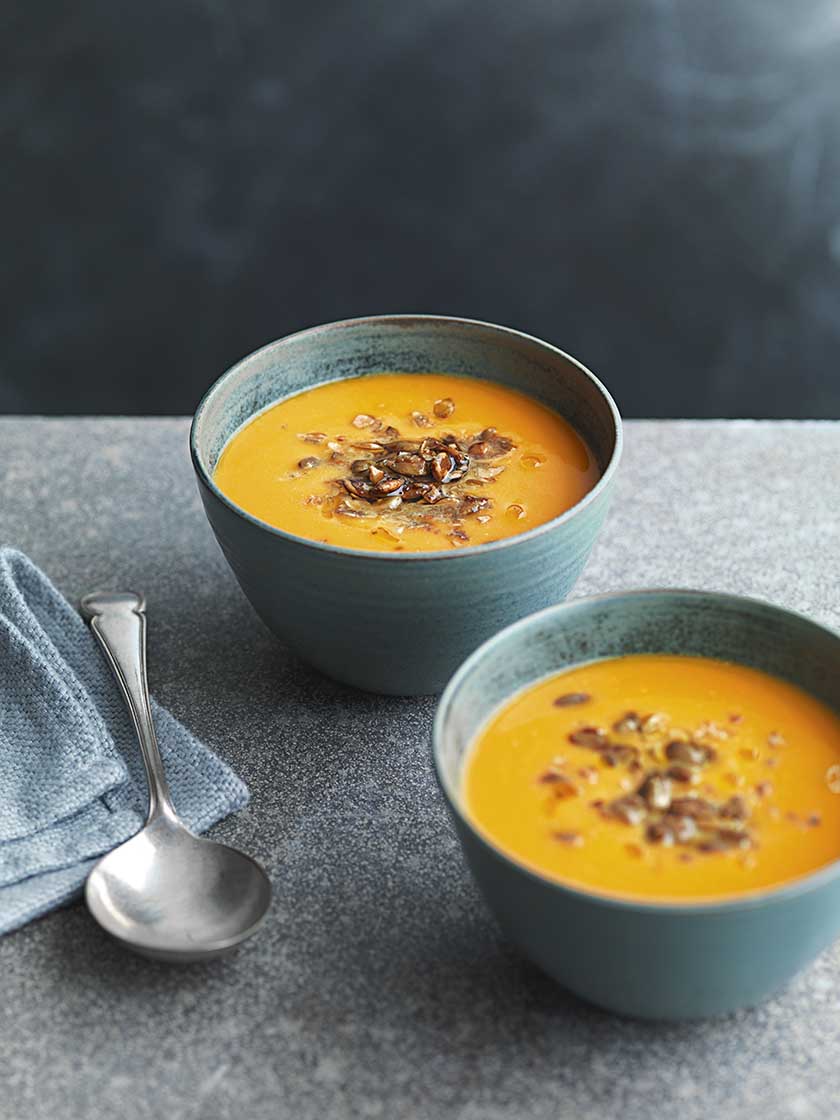 Pumpkin soup with maple-toasted seeds