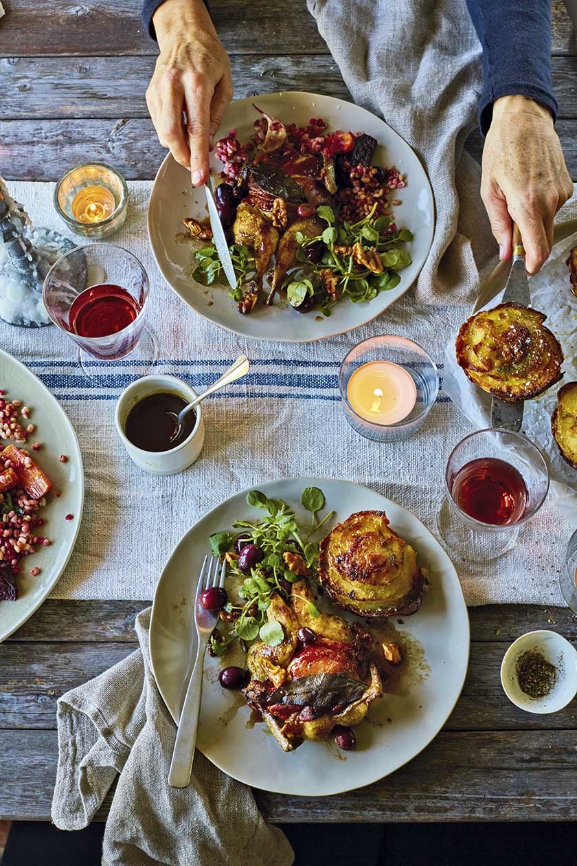 Quail saltimbocca with grapes and walnuts