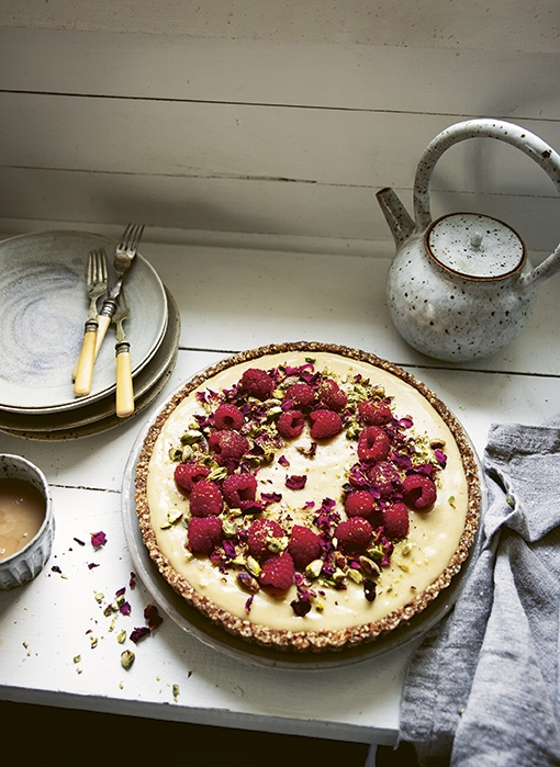 Raspberry vanilla crème tart with rose spiced crust