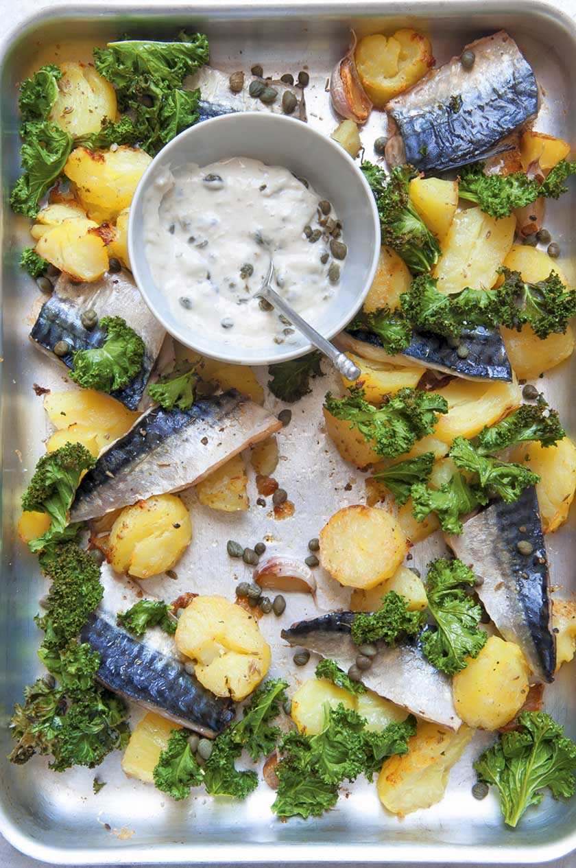 Roast potatoes, mackerel and kale with horseradish and caper mayonnaise