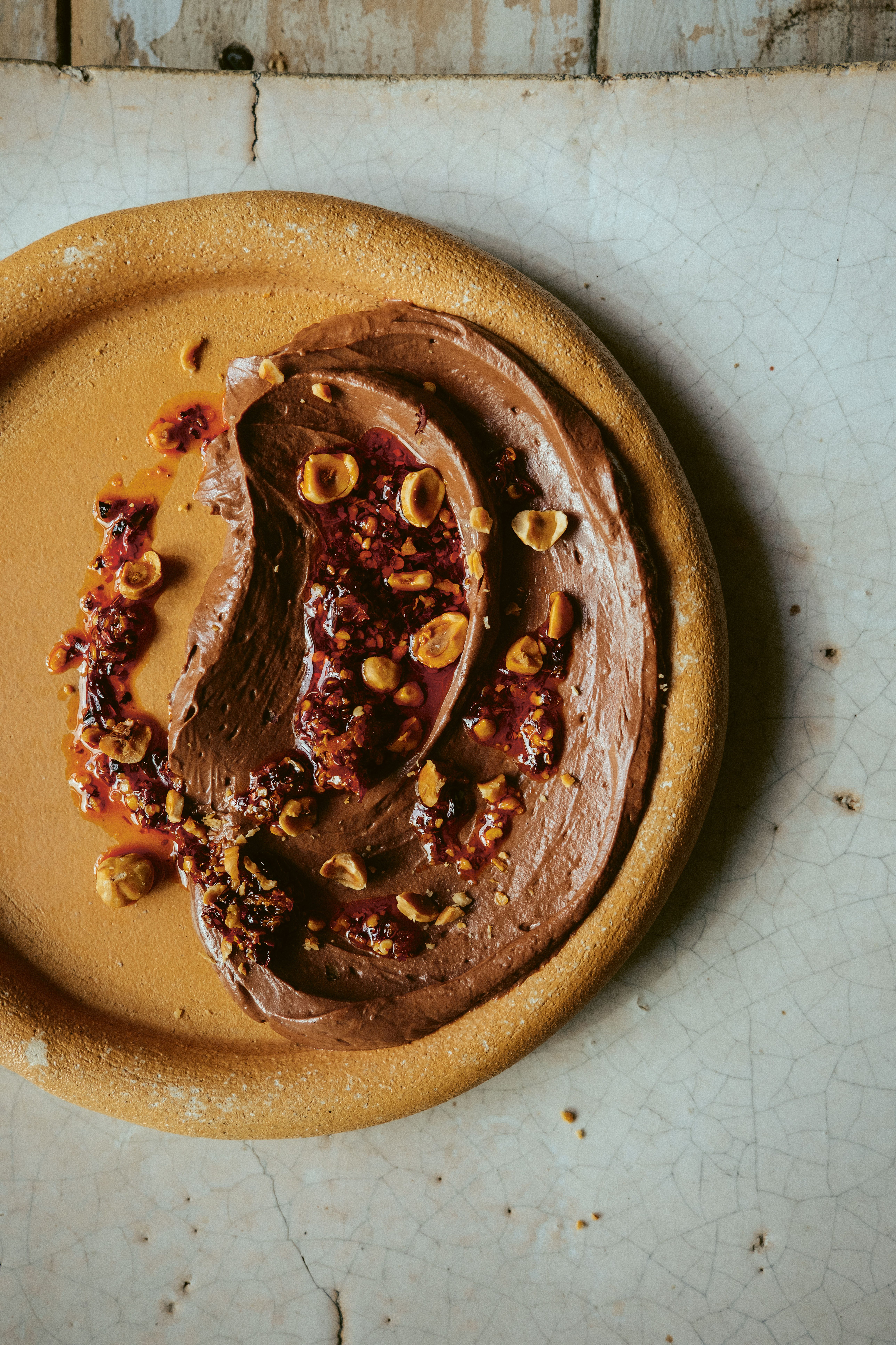 SALTED CHILLI AND OLIVE OIL CHOCOLATE MOUSSE WITH TOASTED HAZELNUTS