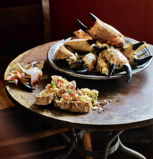 Crab claws with spiced dulse butter and rosemary and spring onion soda bread