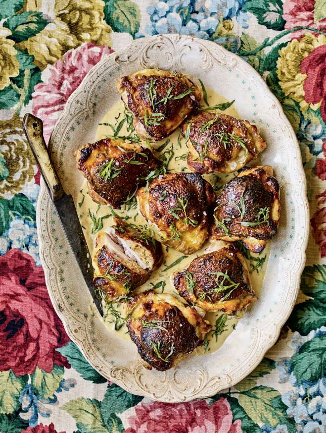 Honey, mustard and thyme slow roasted chicken thighs