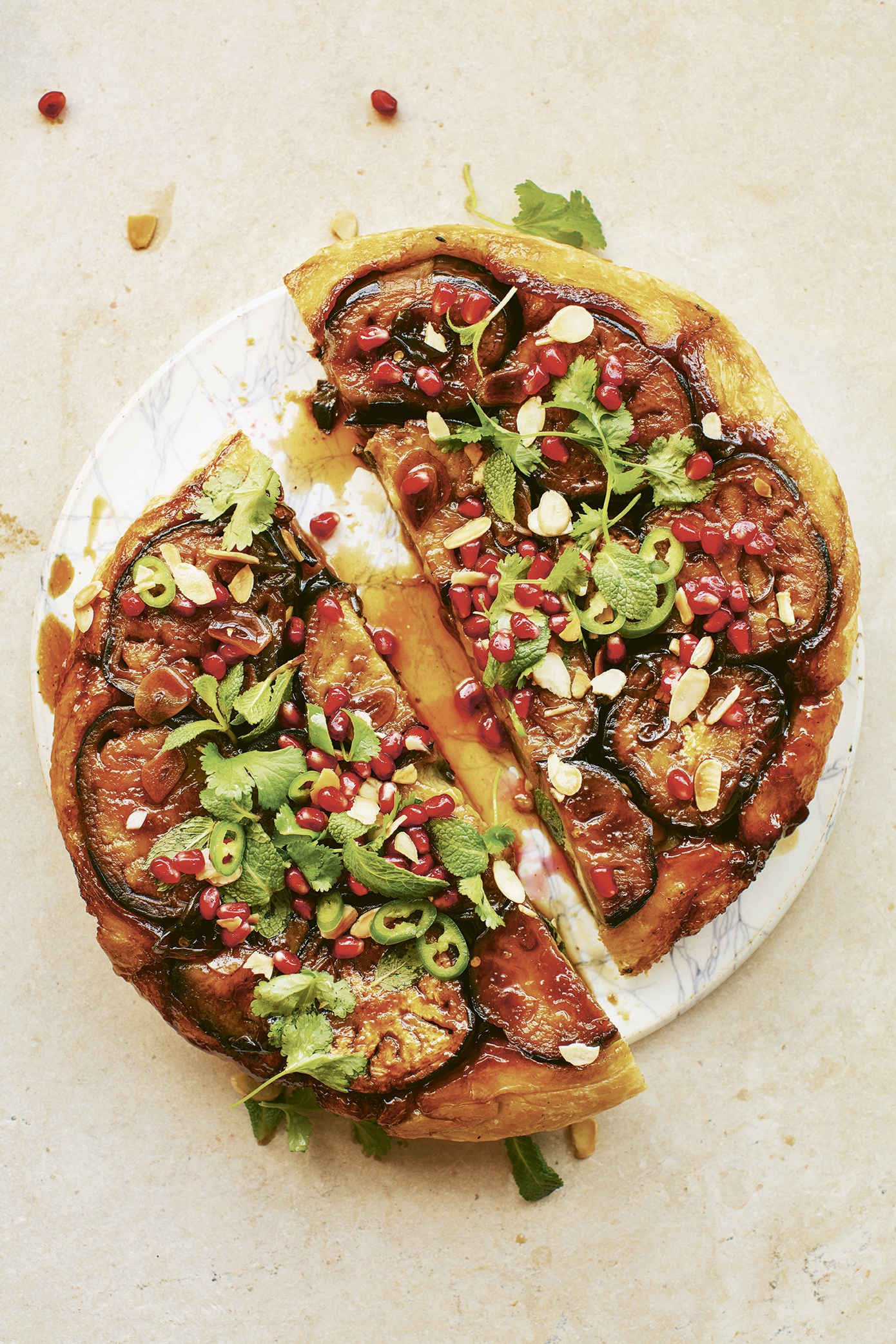 Sticky aubergine tart