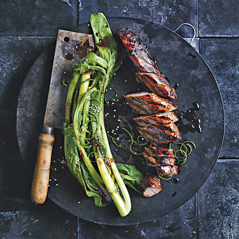 Sticky barbecued pork with Asian greens