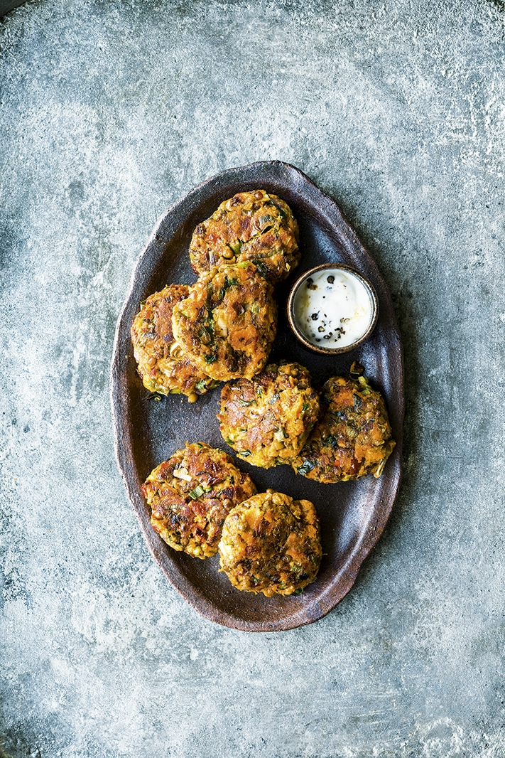 Sweet potato and lentil fritters with garlic yoghurt