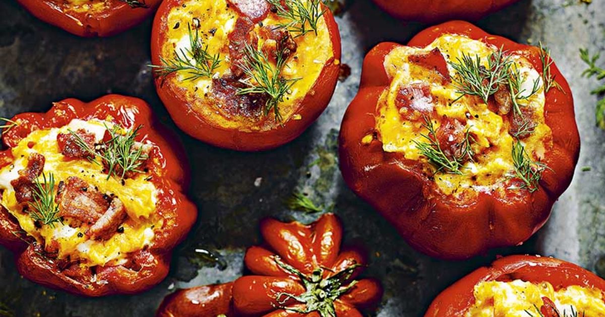 Egg and bacon stuffed tomato Food and Travel magazine