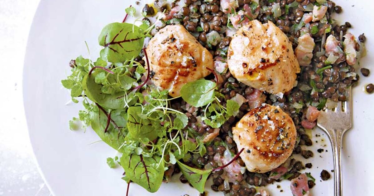 Seared scallops with lentils and lardons Food and Travel magazine
