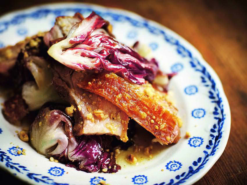 Slow roasted pork belly with glazed chestnuts and radicchio recipe