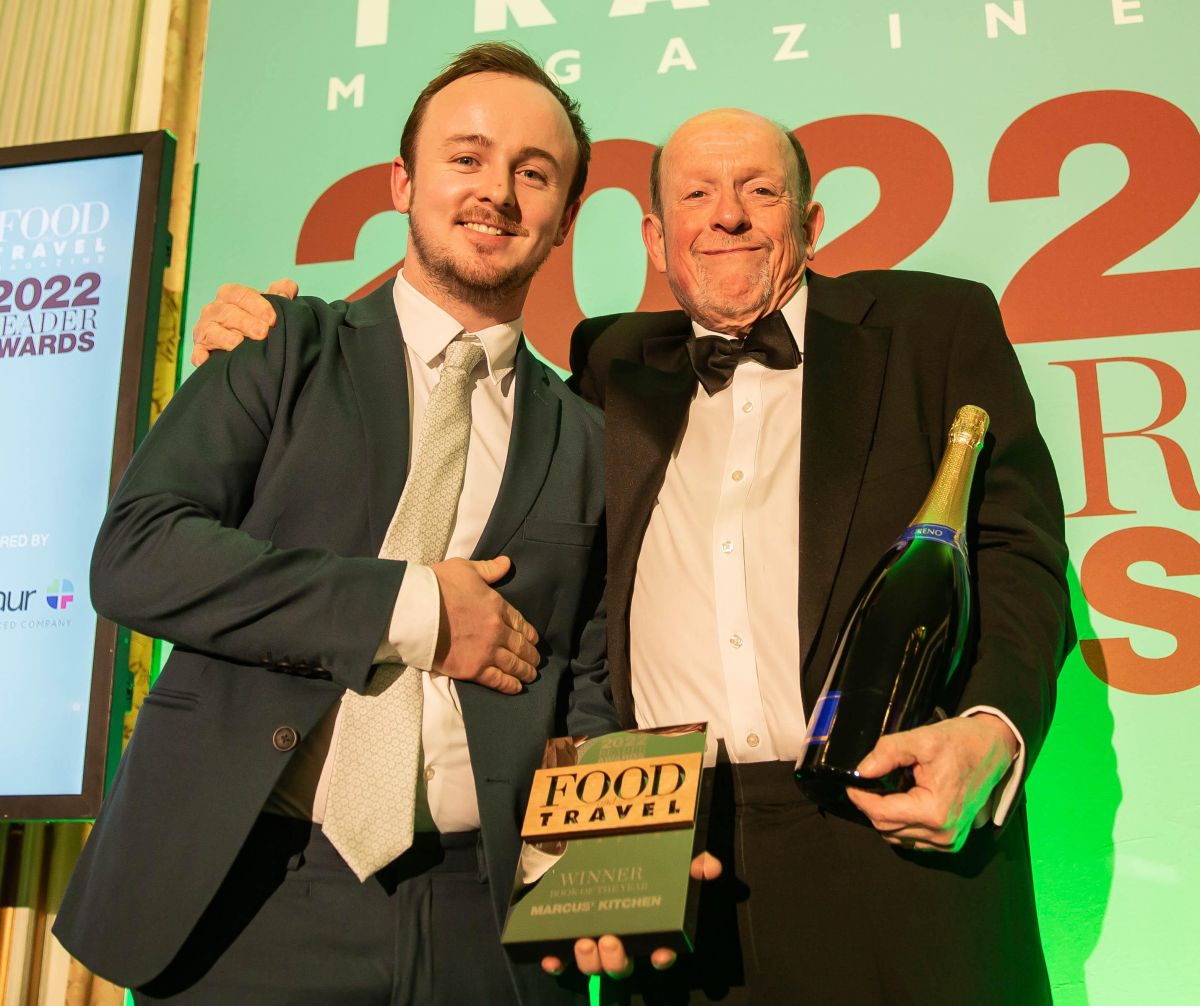 Craig Johnston head chef at Marcus Belgravia kitchen collects Book of Year Award for Marcus' Kitchen presented by Mike Gee Denmaur