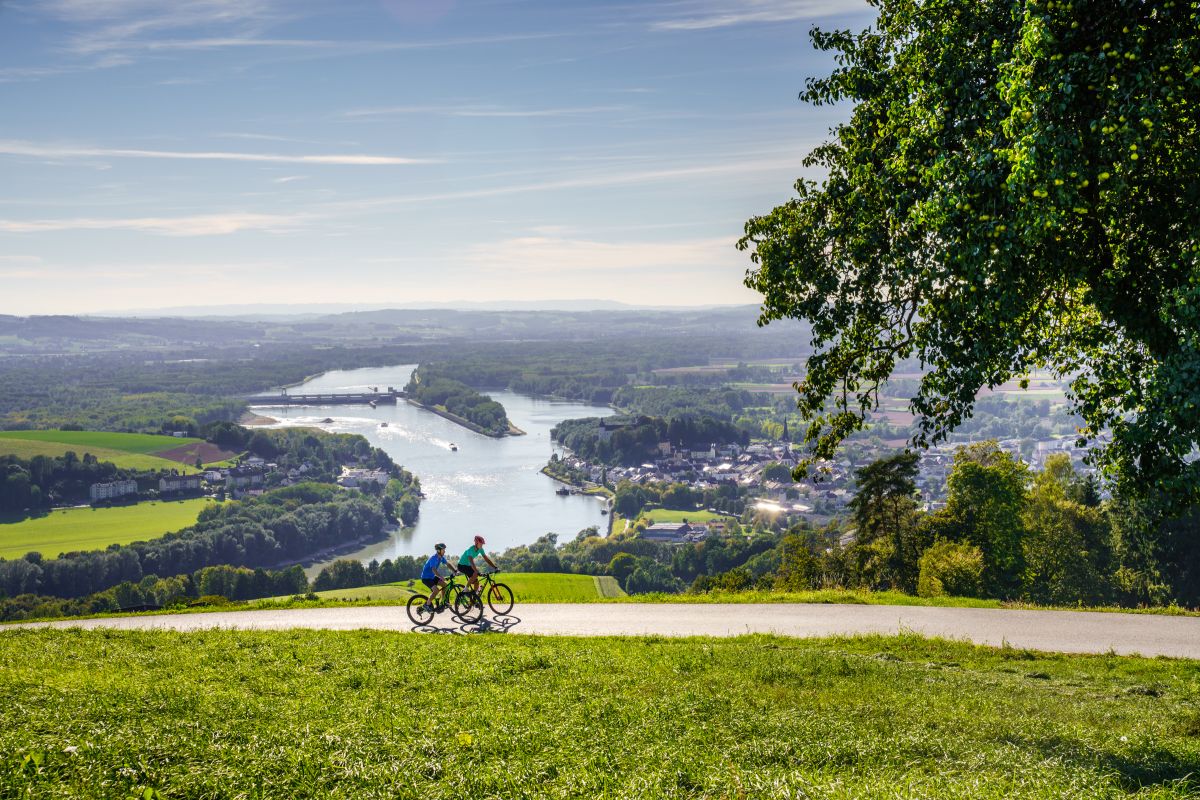 00000085367 Zwei Mountainbiker unterwegs im Muehlviertel Blick auf die Donau Oesterreich Werbung Martin Steinthaler tinefoto com
