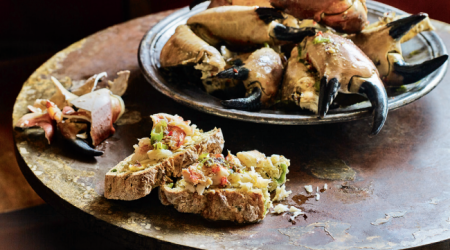 Crab claws with spiced dulse butter and rosemary and spring onion soda bread