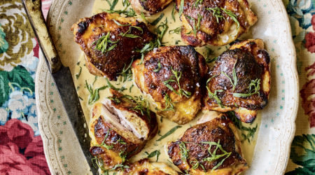 Honey, mustard and thyme slow roasted chicken thighs