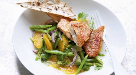 Pan-fried red mullet with green bean and citrus salad