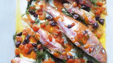 Baked red mullet with tomato, olive and dill vinaigrette